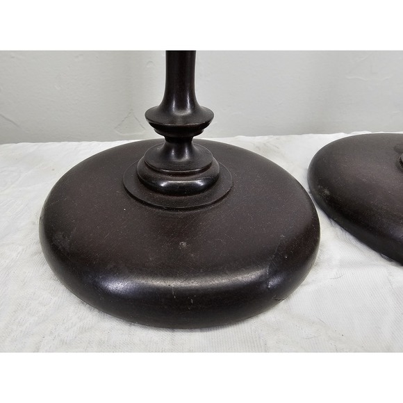 Antique 1900's Dark Wood Candlestick Holders Pair Ornate Brass Top Elegant - Picture 4 of 9